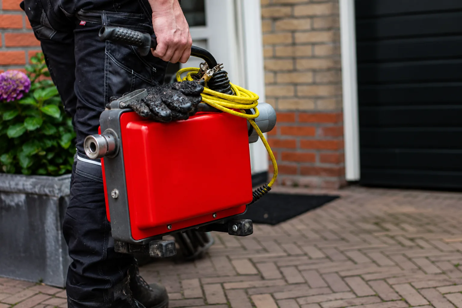 Loodgieter bij de voordeur van een woning